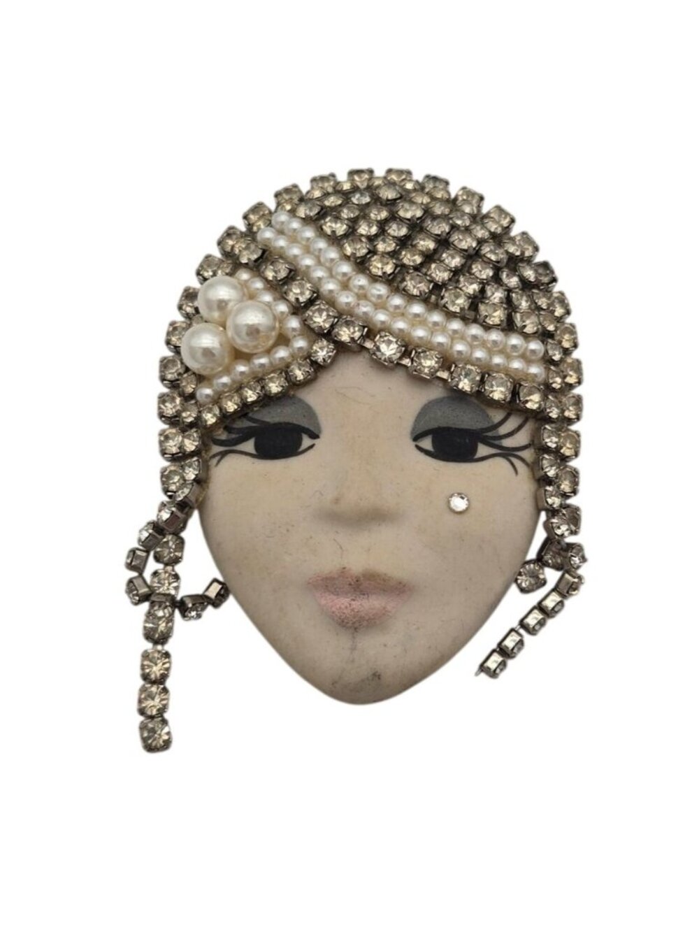 Retro Flapper Lois Face Pin With Rhinestone & Pearl Details Art Deco-Inspired